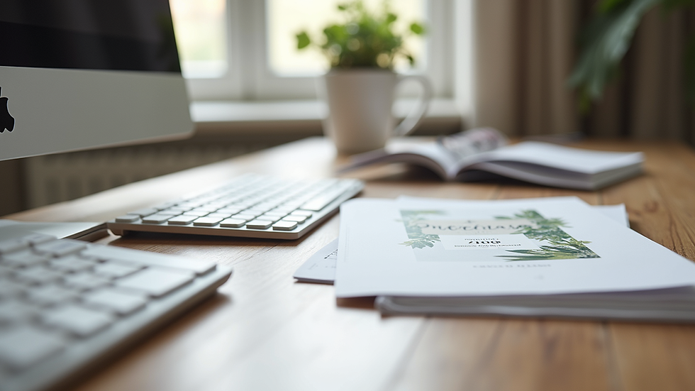 Eye-level view of a wedding planner’s desk with vendor brochures and a calendar