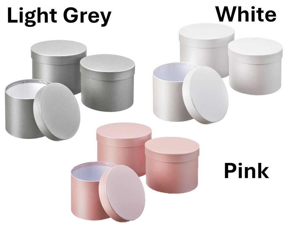 white, light grey and pink hat boxes
