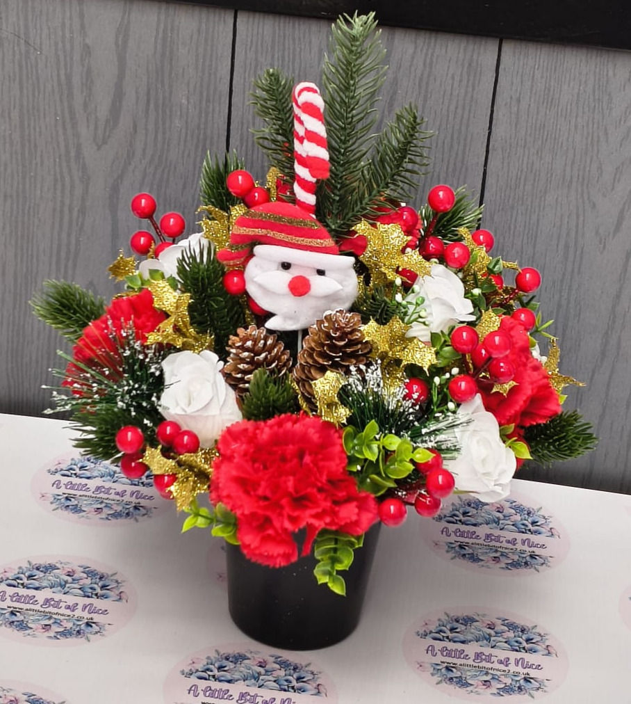 Thumbnail: Artificial Grave Pot with Santa Pick - Christmas Memorial Flowers UK