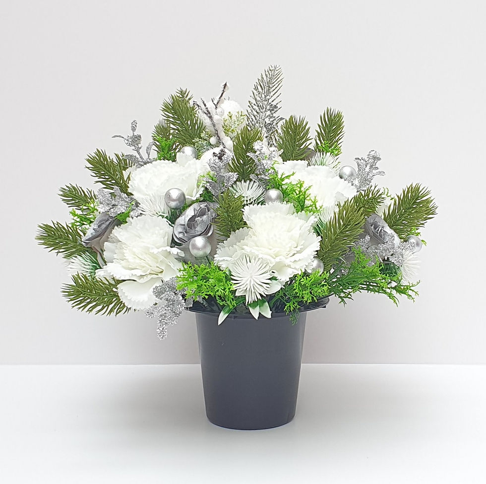 Thumbnail: Christmas Grave Flowers - Artificial Memorial Arrangement Pot, White Carnations