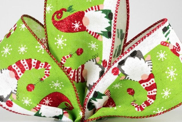 Thumbnail: 2.5" Bright Gnomes - Green, Red, Grey Christmas Wired Ribbon – Per Metre