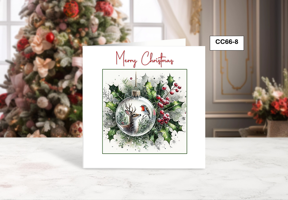 Thumbnail: Bauble Deer and Robin - Christmas Card 6" by 6" approx.