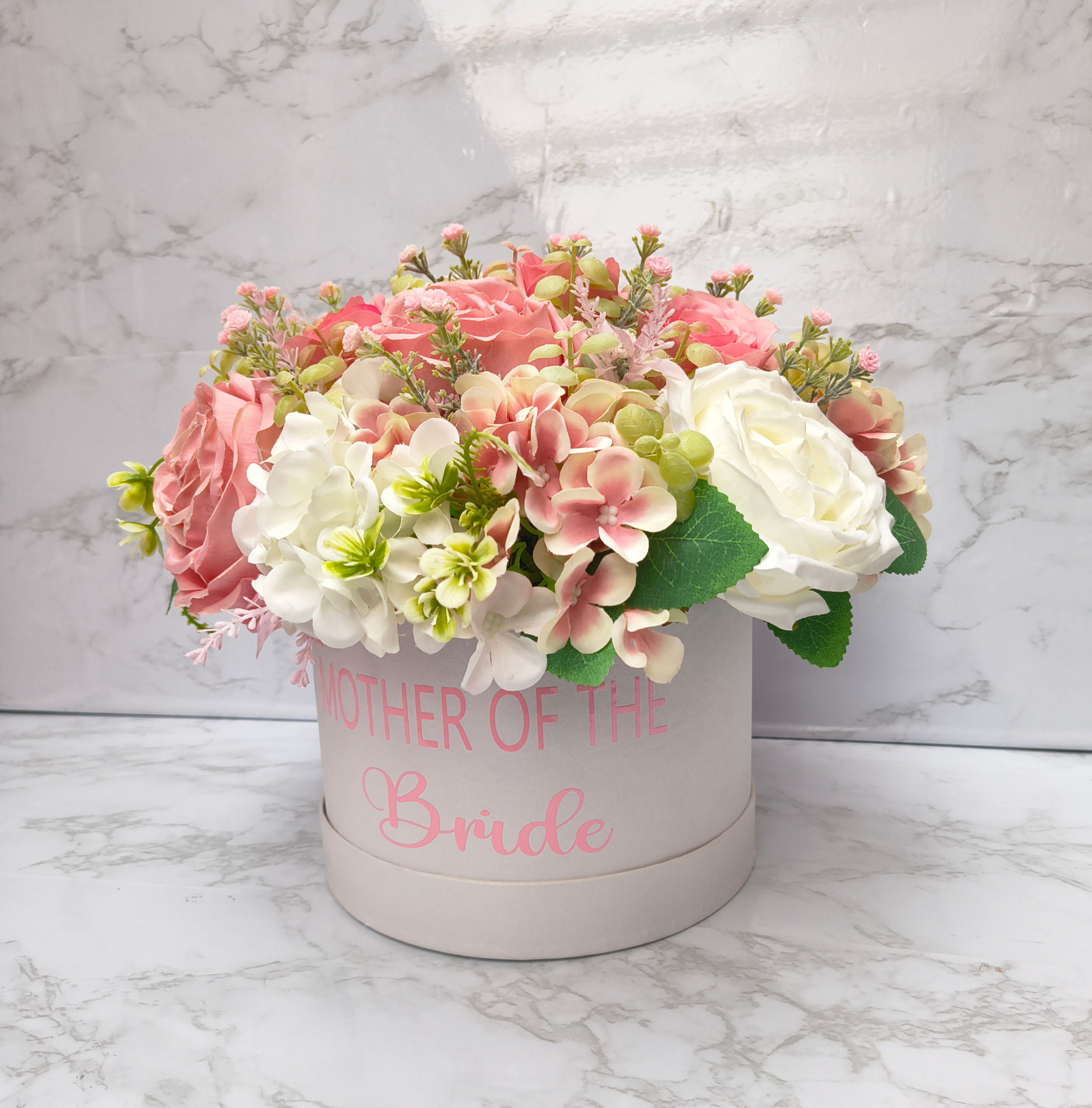Pink & Ivory Rose, Hydrangea Silk Flower Hat Box Centrepiece