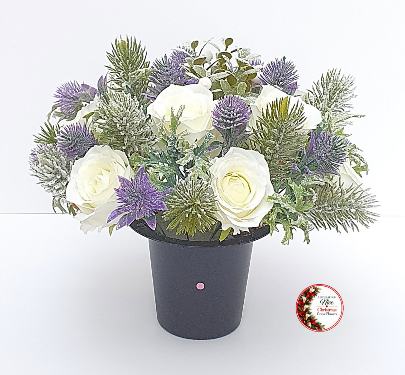 Christmas Grave Flowers - White Rose, Purple Thistle, Snowy Spruce and Mistletoe