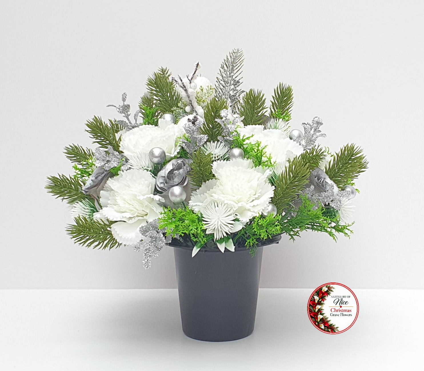 Christmas Grave Flowers - Artificial Memorial Arrangement Pot, White Carnations