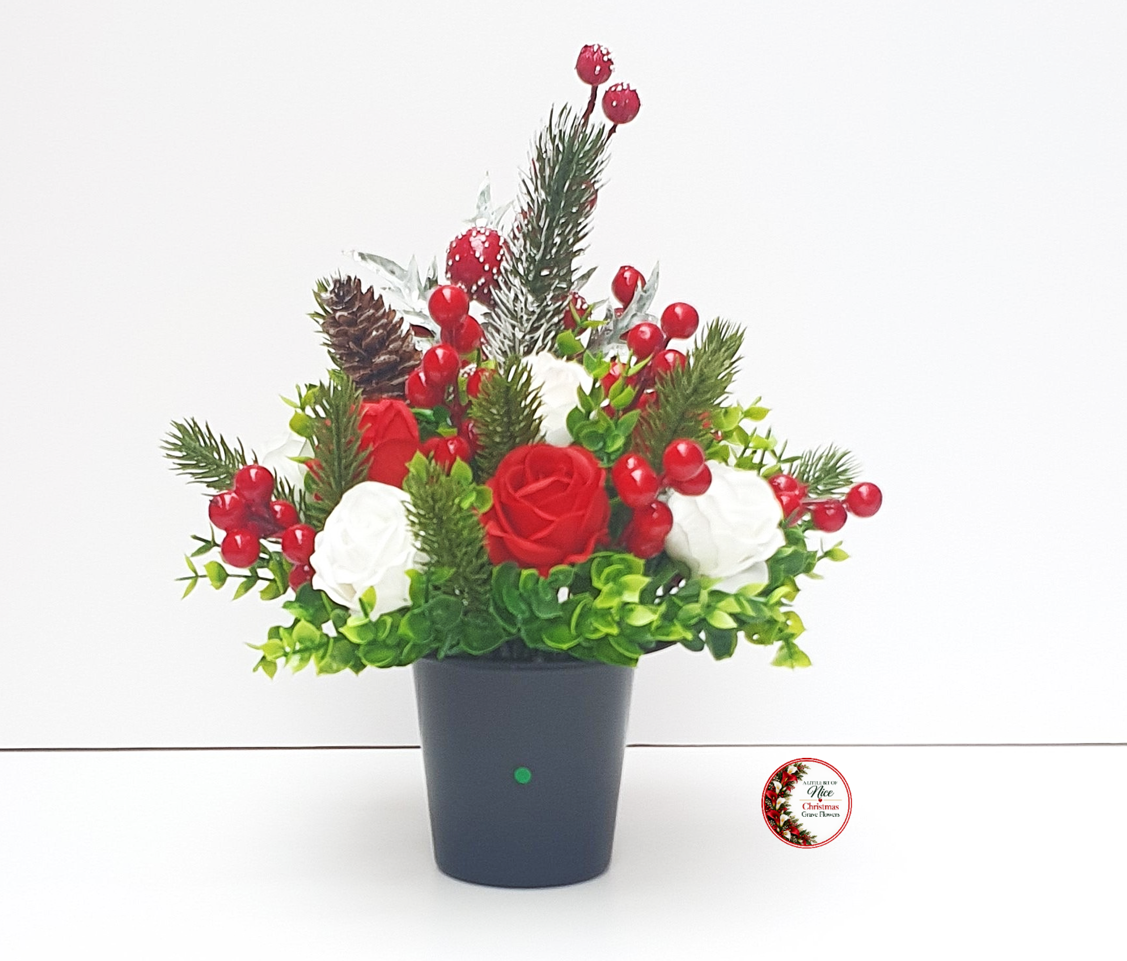 Christmas Grave Flowers Red & White Roses, Berry Cone Pick, Spruce