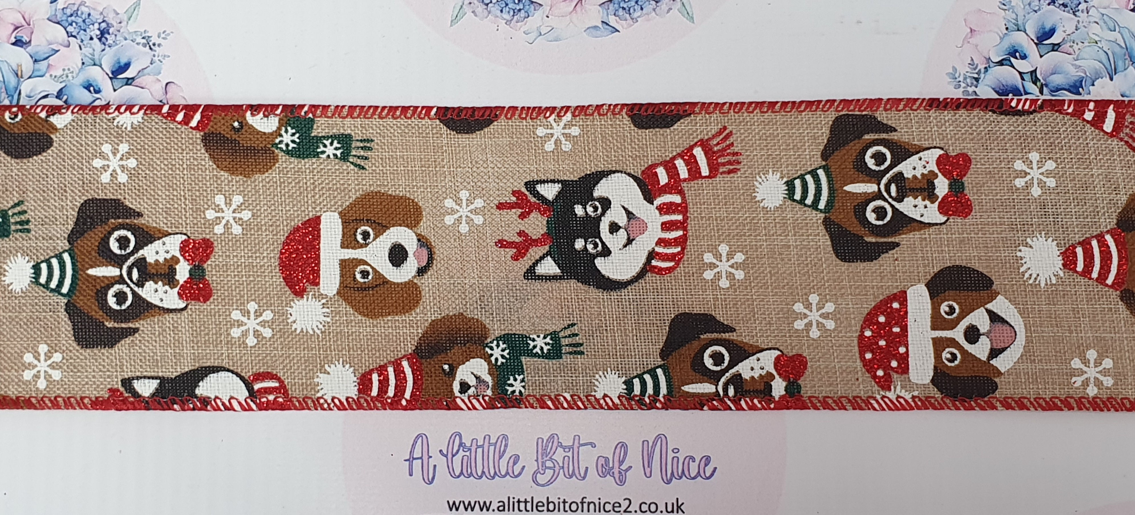 2.5" Christmas Dogs on Natural Wired Ribbon - Priced per metre