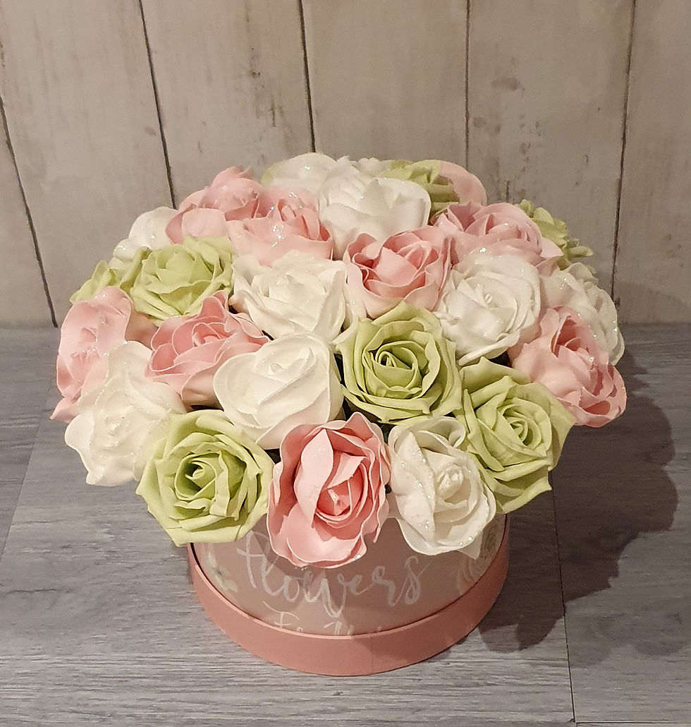 Thumbnail: Flowery Pink Hat Box - Pink, Green & White Foam Roses - three sizes