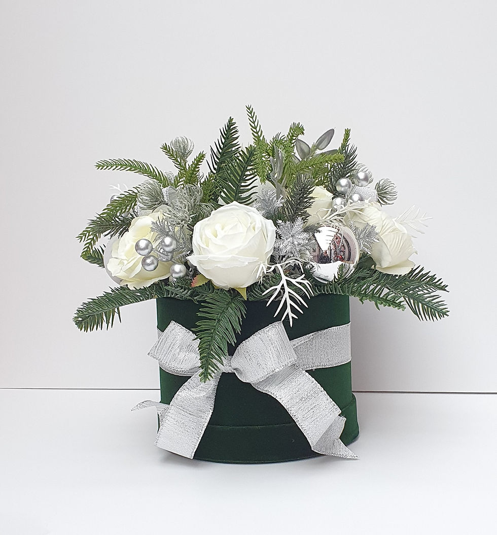 Thumbnail: Christmas Flower Hat Box Arrangement: White-Ivory, Silver Green Velvet Hatbox 