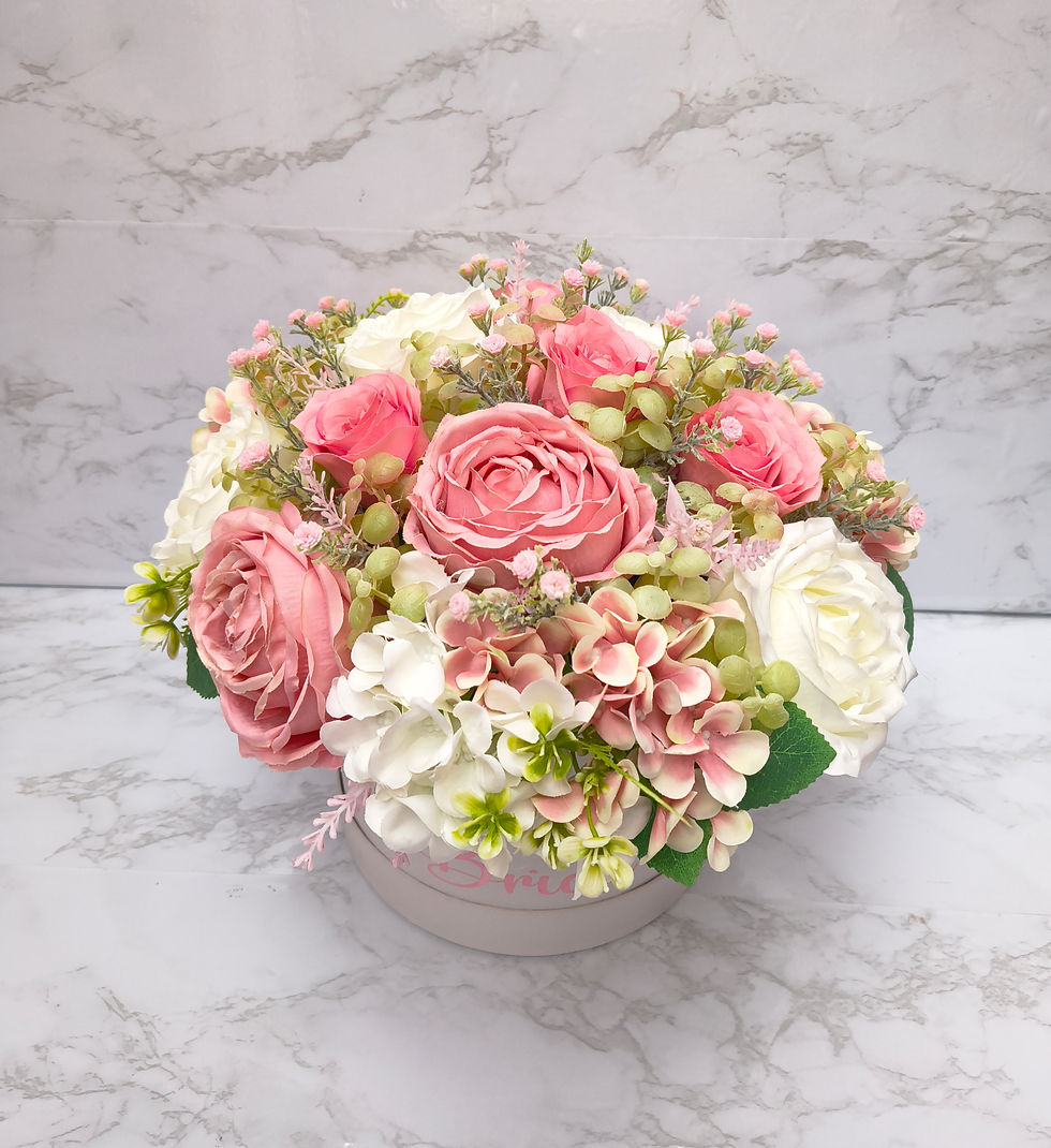 Thumbnail: Pink & Ivory Rose, Hydrangea Silk Flower Hat Box Centrepiece