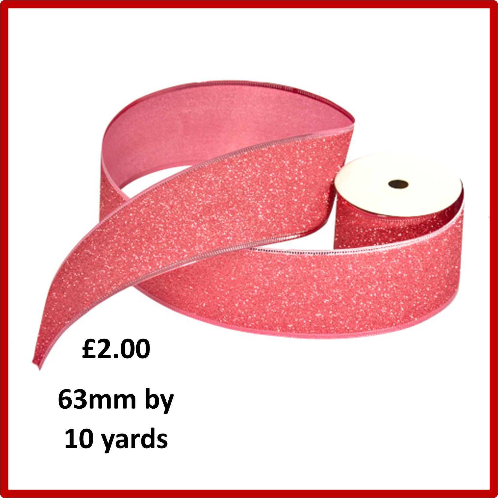 63mm by 10 yards - Pink Glittered Wired Ribbon Roll
