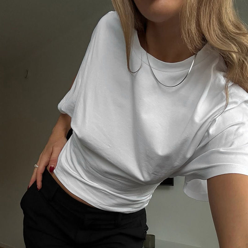 Thumbnail: Gray Cropped T-shirt Women's O-neck Corset Tops Fashion Casual Solid Streetwear 