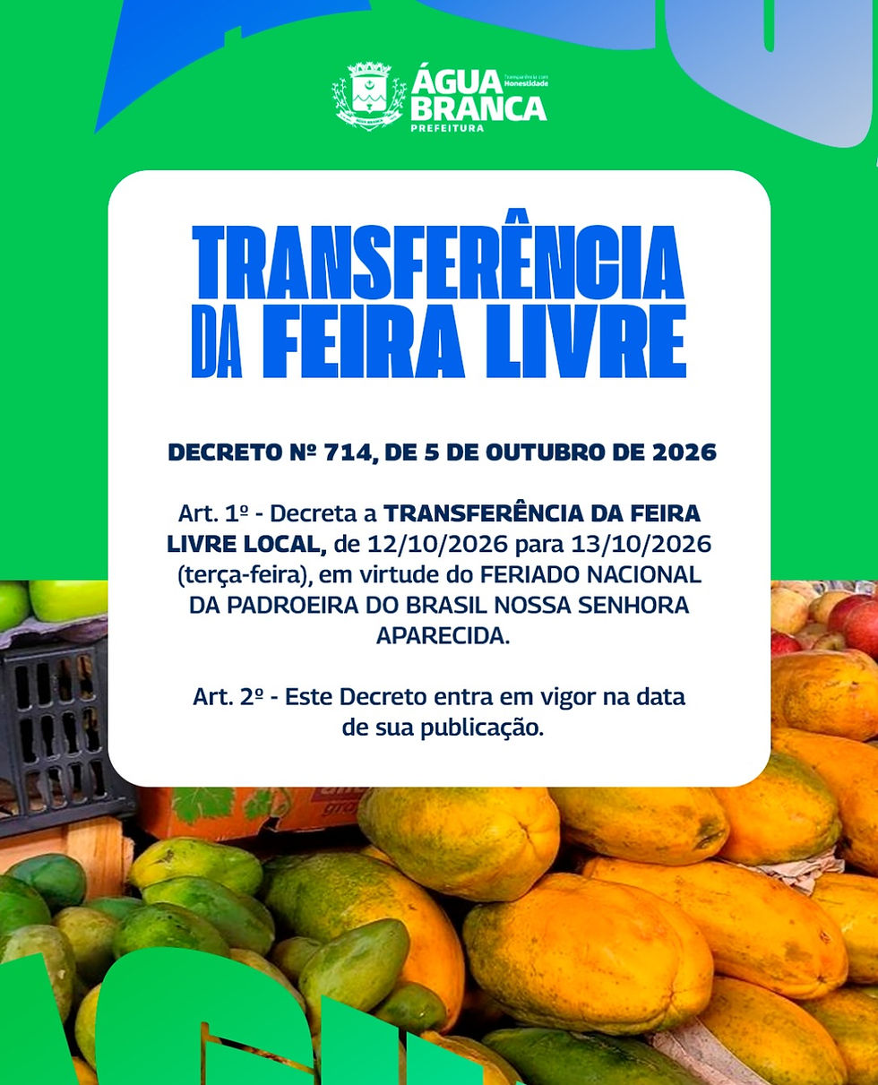 Feira livre de Água Branca será realizada excepcionalmente na terça-feira (13)