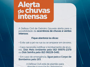Defesa Civil emite alerta para chuvas e ventos intensos em Delmiro Gouveia