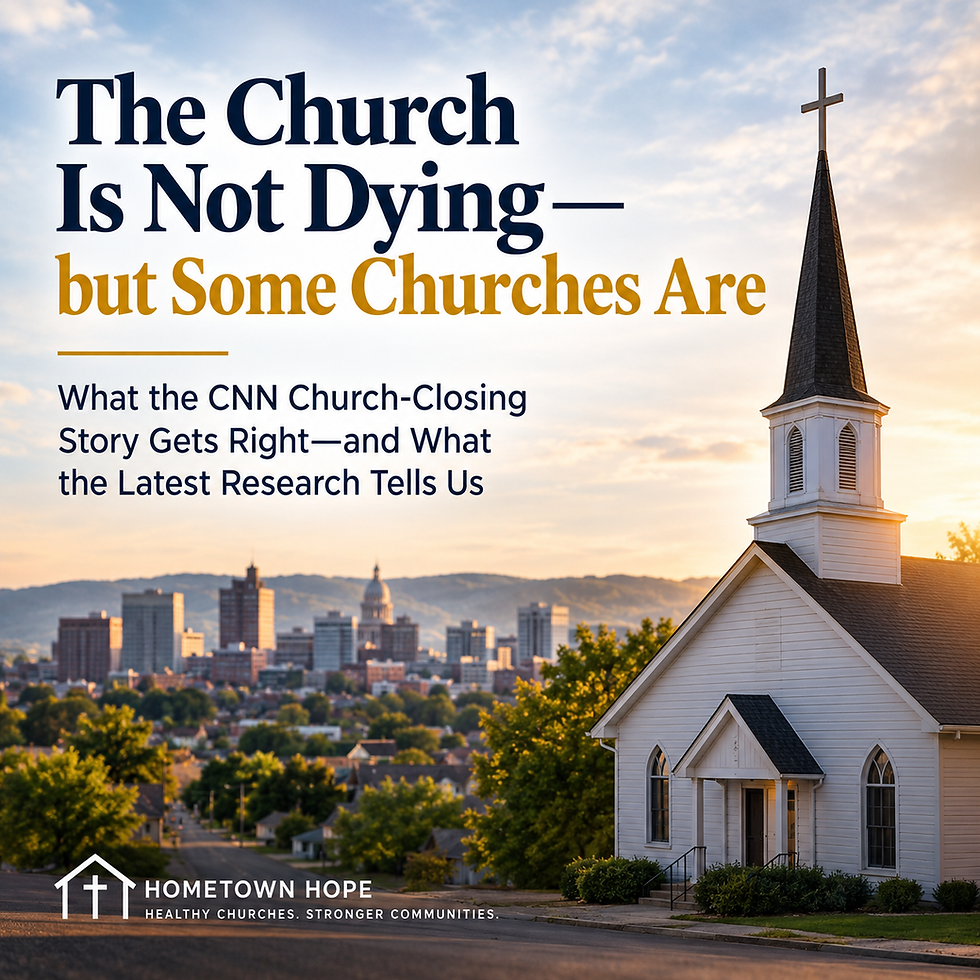 White church with steeple overlooking a city at sunset, with the headline “The Church Is Not Dying—but Some Churches Are” and Hometown Hope branding.