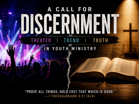 Graphic for Christian article “A Call for Discernment: Theater, Trend, and Truth in Youth Ministry” showing a concert-style worship atmosphere contrasted with an open Bible and cross, illustrating the tension between modern ministry trends and biblical discipleship.