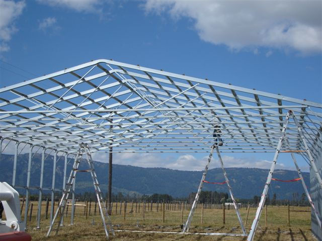 Eye-level view of steel building frame under construction