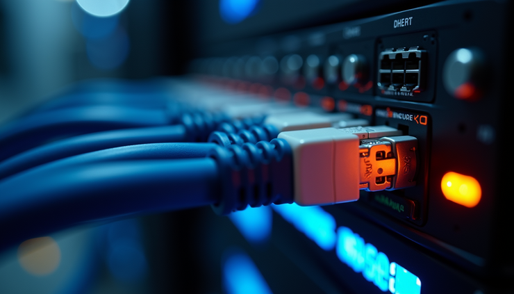 Eye-level view of a server rack with glowing network cables in a data center