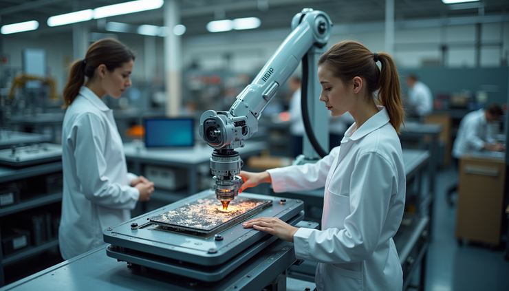 High angle view of a robotic arm working alongside humans in a manufacturing setting