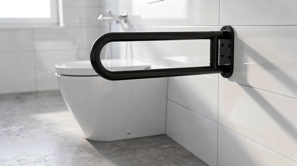 A modern fold-down grab rail in a sleek matte black finish is mounted beside a white toilet, enhancing safety and accessibility in a contemporary bathroom. This grab rail provides secure support for elderly users, ensuring stability and confidence while navigating tight spaces.