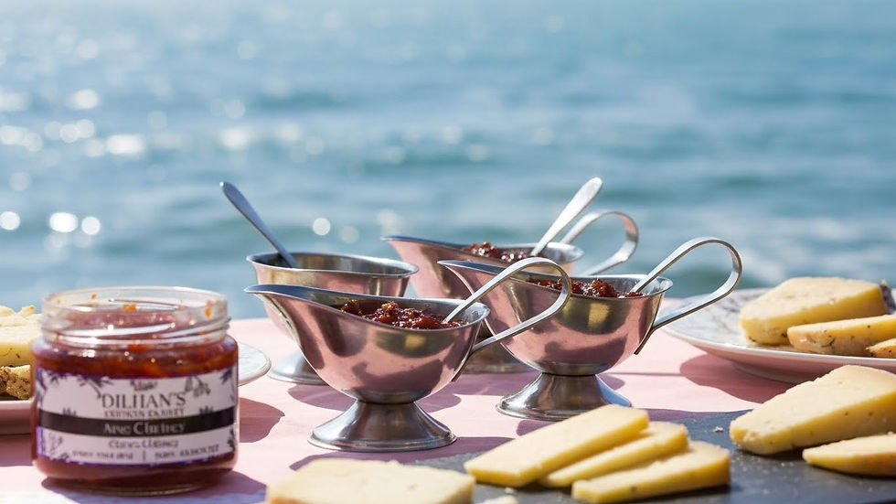 deniz kenarında bir sofrada peynir tabakları ve dilhan's artisan pantry ayva chutney sosı