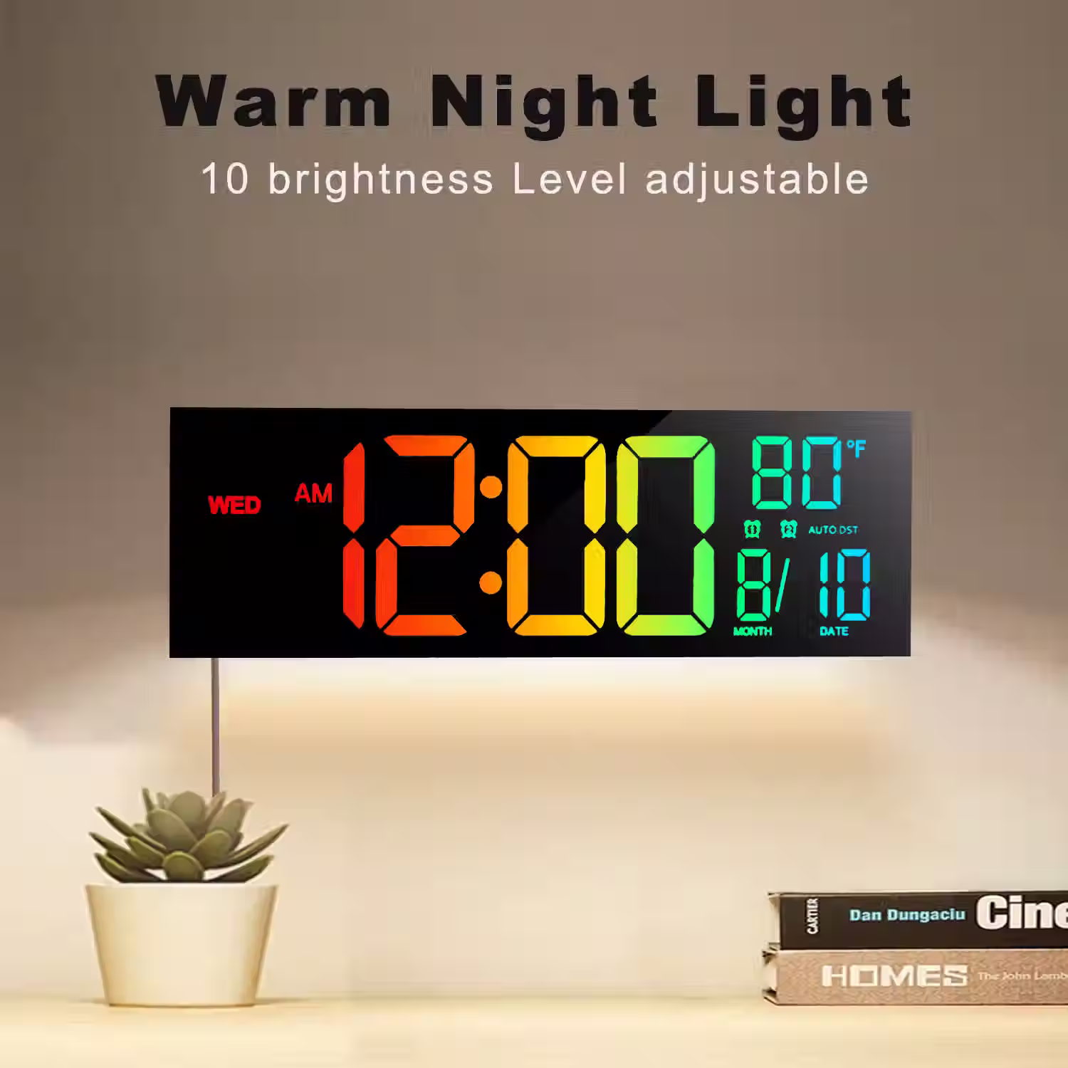 16" Large Digital Wall Clock, Big LED Display with Remote, 8 RGB Color, Alarm, D