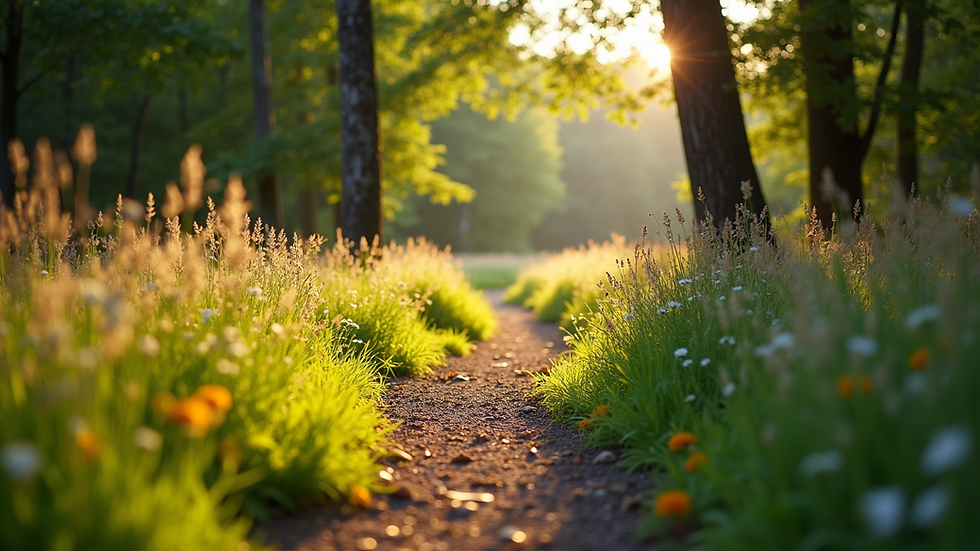 Eye-level view of a winding path through a vibrant nature trail