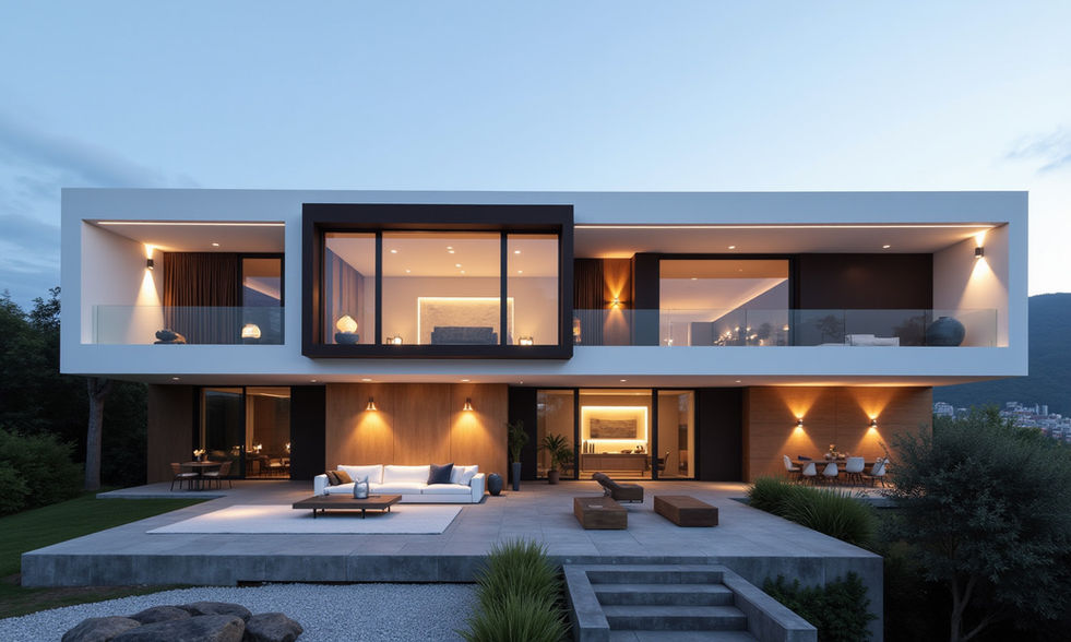 These preliminary studies, presenting various massing and spatial configurations, are specifically envisioned for a sloped topography and an environmental context of a plot in Tbilisi Hills complex, ensuring their relevance and feasibility. A central tenet of these concepts is the integration of expansive glazed apertures designed to capture panoramic vistas and dissolve the boundary between the interior and the breathtaking landscape. The architectural expression is further enriched through a sophisticated interplay of diverse materials and textures, curated to create a visually opulent and tactile appeal. This is complemented by a multi-layered lighting design strategy that sculpts space and enhances atmosphere. The seamless integration of vegetation throughout the structure serves to anchor the building in its natural setting. The exterior compositions prominently feature generously proportioned balconies and terraces; this design decision is a strategic response to local building regulations, which advantageously assess such spaces at only a one-third rate within the K-2 coefficient, allowing for an amplification of usable outdoor area while maintaining regulatory compliance.