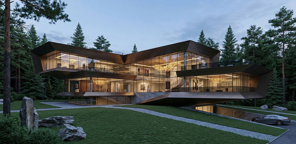 A series of preliminary design iterations - Dynamic Tectonics
The iteration explores a Deconstructivist and Poststructuralist influences, utilizing angular geometries and faceted planes to create a sense of movement and tension. It is a bolder, more sculptural approach that acts as a counterpoint to the organic chaos of the forest.
The massing is prismatic, characterized by sharp, decisive angles and dramatic overhangs that defy gravity. This "shattered" geometry creates unique interior spatial moments, focusing views in specific, curated directions rather than offering a generic panorama.