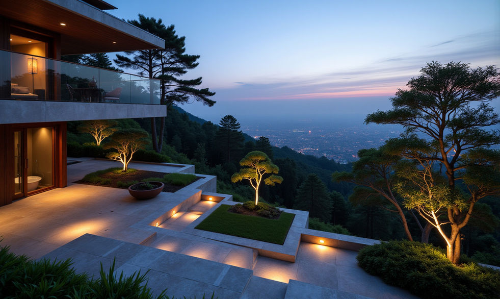 These preliminary studies, presenting various massing and spatial configurations, are specifically envisioned for a sloped topography and an environmental context of a plot in Tbilisi Hills complex, ensuring their relevance and feasibility. A central tenet of these concepts is the integration of expansive glazed apertures designed to capture panoramic vistas and dissolve the boundary between the interior and the breathtaking landscape. The architectural expression is further enriched through a sophisticated interplay of diverse materials and textures, curated to create a visually opulent and tactile appeal. This is complemented by a multi-layered lighting design strategy that sculpts space and enhances atmosphere. The seamless integration of vegetation throughout the structure serves to anchor the building in its natural setting. The exterior compositions prominently feature generously proportioned balconies and terraces; this design decision is a strategic response to local building regulations, which advantageously assess such spaces at only a one-third rate within the K-2 coefficient, allowing for an amplification of usable outdoor area while maintaining regulatory compliance.