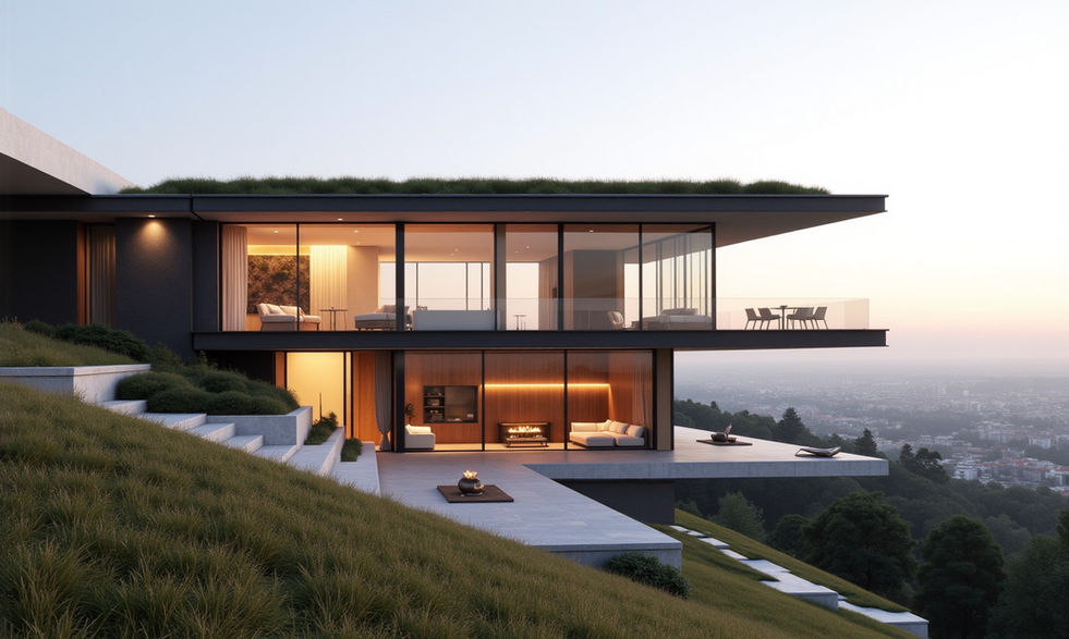 These preliminary studies, presenting various massing and spatial configurations, are specifically envisioned for a sloped topography and an environmental context of a plot in Tbilisi Hills complex, ensuring their relevance and feasibility. A central tenet of these concepts is the integration of expansive glazed apertures designed to capture panoramic vistas and dissolve the boundary between the interior and the breathtaking landscape. The architectural expression is further enriched through a sophisticated interplay of diverse materials and textures, curated to create a visually opulent and tactile appeal. This is complemented by a multi-layered lighting design strategy that sculpts space and enhances atmosphere. The seamless integration of vegetation throughout the structure serves to anchor the building in its natural setting. The exterior compositions prominently feature generously proportioned balconies and terraces; this design decision is a strategic response to local building regulations, which advantageously assess such spaces at only a one-third rate within the K-2 coefficient, allowing for an amplification of usable outdoor area while maintaining regulatory compliance.