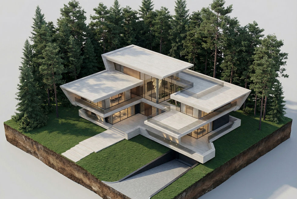 Situated within the verdant, coniferous topography of Tskneti, this residence represents an exercise in horizontal stratification and structural dynamism. Moving beyond the vernacular of the traditional houses, the design embraces a bold, neo-modernist language that prioritizes the interplay between heavy, grounded tectonics and the ethereal transparency of the void. The architecture does not merely occupy the site; it negotiates the sloping terrain through a series of cascading volumes that assert a strong geometric order against the organic irregularity of the surrounding natural environment.