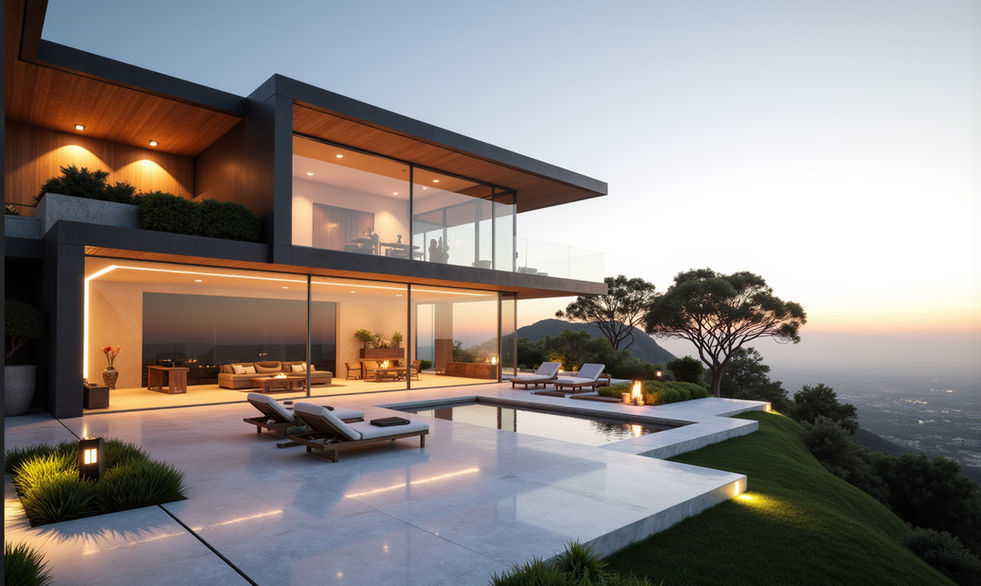 These preliminary studies, presenting various massing and spatial configurations, are specifically envisioned for a sloped topography and an environmental context of a plot in Tbilisi Hills complex, ensuring their relevance and feasibility. A central tenet of these concepts is the integration of expansive glazed apertures designed to capture panoramic vistas and dissolve the boundary between the interior and the breathtaking landscape. The architectural expression is further enriched through a sophisticated interplay of diverse materials and textures, curated to create a visually opulent and tactile appeal. This is complemented by a multi-layered lighting design strategy that sculpts space and enhances atmosphere. The seamless integration of vegetation throughout the structure serves to anchor the building in its natural setting. The exterior compositions prominently feature generously proportioned balconies and terraces; this design decision is a strategic response to local building regulations, which advantageously assess such spaces at only a one-third rate within the K-2 coefficient, allowing for an amplification of usable outdoor area while maintaining regulatory compliance.