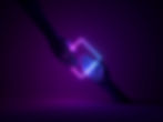 Two hands connecting to a neon box outline and a dark purple background.