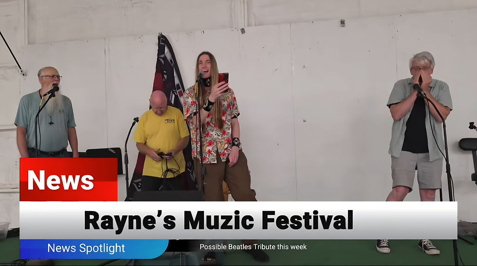 Entertainment News Watch frame noting a possible Beatles tribute at Rayne’s Muzic Fest.
