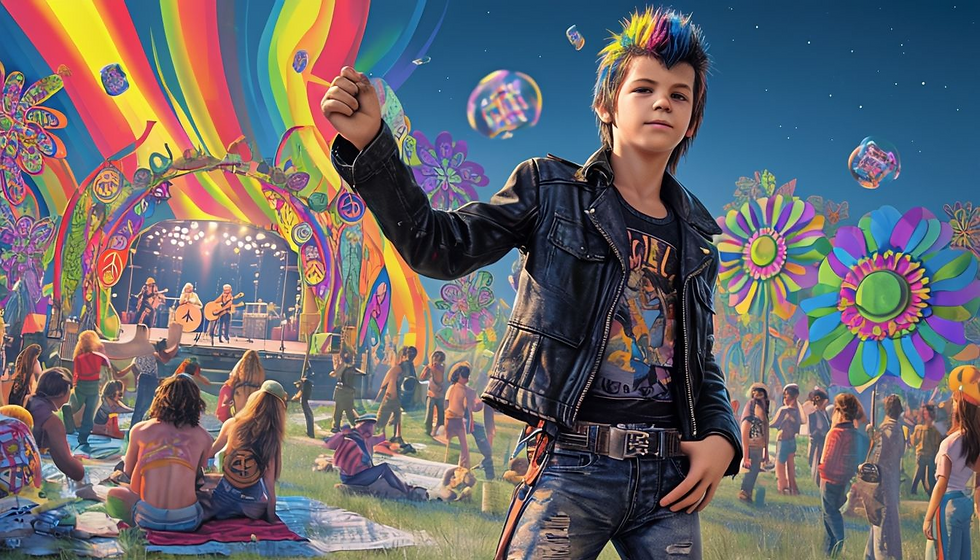 A vibrant summer festival in full swing, with a high school student in a leather jacket confidently enjoying the colorful and lively atmosphere.