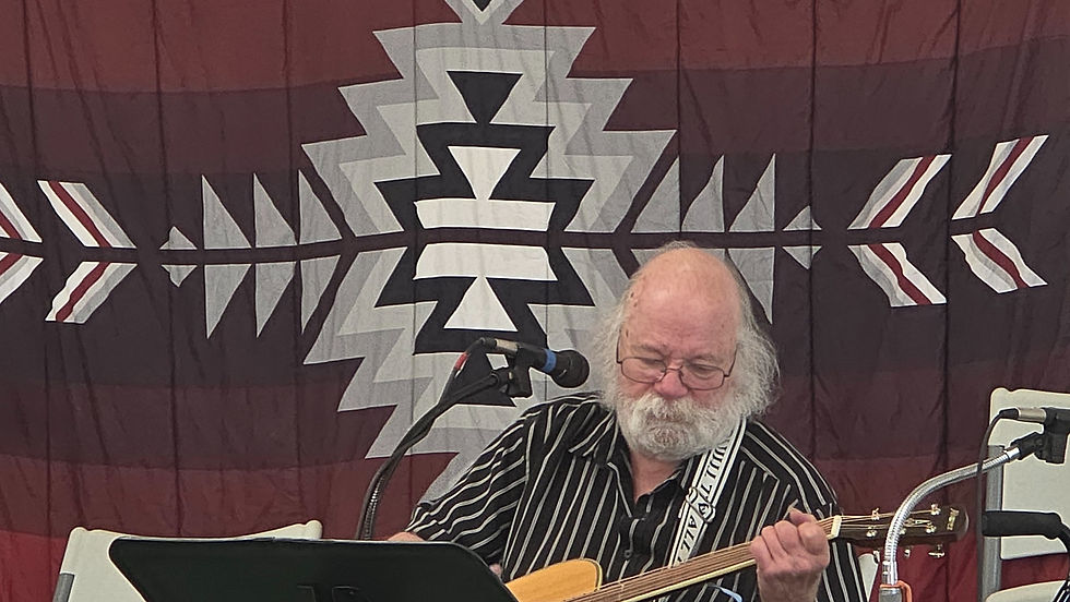 A musician performs on acoustic guitar beneath a patterned festival backdrop.