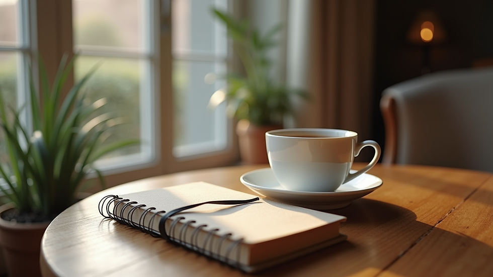 Eye-level view of a cozy corner with a cup of tea and a journal on a wooden table