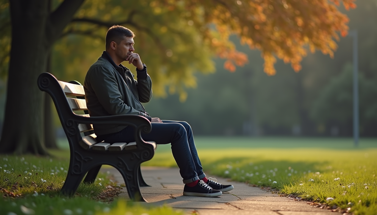Close-up view of a person sitting alone on a park bench, looking contemplative