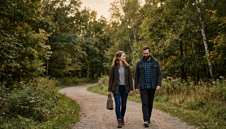 Eye-level view of a couple walking on a quiet path