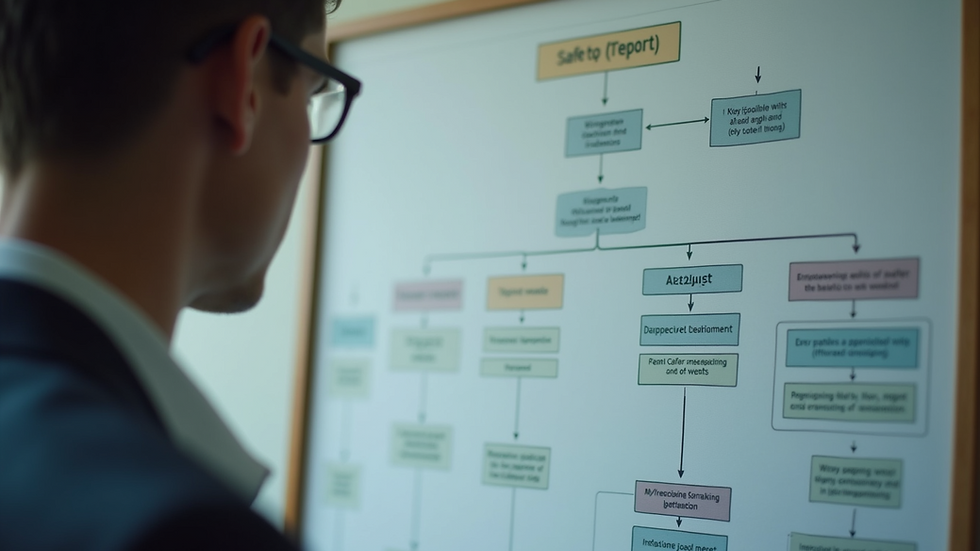Eye-level view of a person looking thoughtfully at a decision-making flowchart