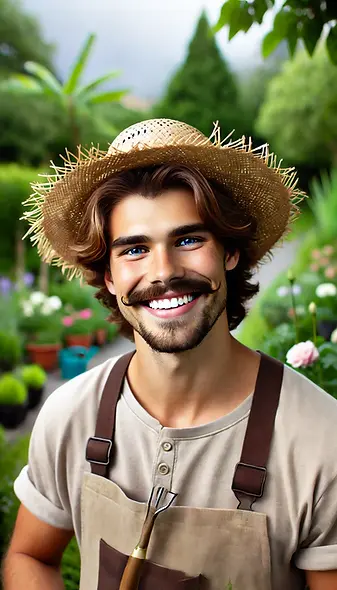 DALL·E 2024-06-27 16.58.38 - A gardener in his 20s with a broad smile, wearing a straw hat