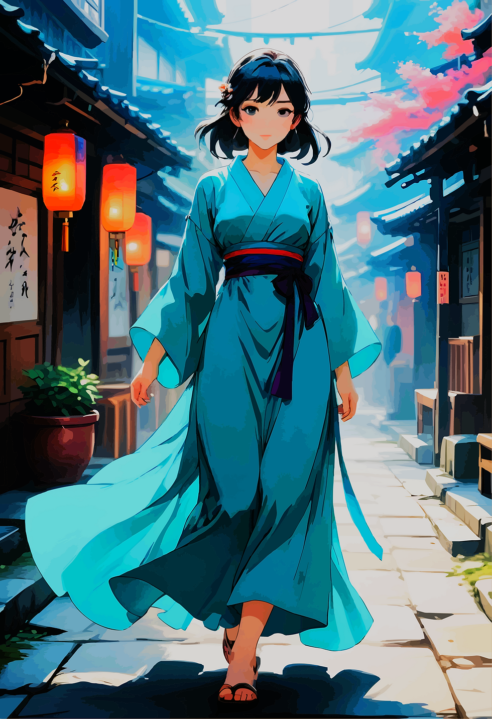 Frau in fließendem, türkisfarbenem Kimono mit schwarzem Gürtel geht barfuß durch eine traditionelle japanische Gasse mit Late