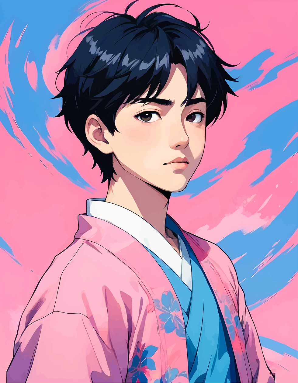 Junge mit schwarzem, zerzaustem Haar trägt ein blaues Hemd und einen rosa Kimono mit blauen Blumen vor einem pink-blauen Hint