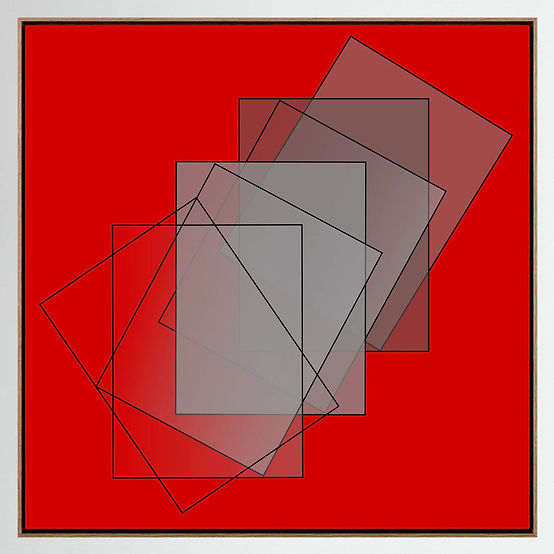Schichten und Schatten verbindet intensive Farbwirkung mit einer vielschichtigen geometrischen Komposition. Auf dem leuchtend roten Hintergrund überlagern sich transparente Flächen und unterschiedlich ausgerichtete Rechtecke, deren feine schwarze Konturen dem Motiv Struktur und Tiefe verleihen. Die Überschneidungen erzeugen einen spannenden Wechsel zwischen Vordergrund und Hintergrund, während die halbtransparenten Flächen fast wie Schatten oder architektonische Räume wirken. Ein modernes, ausdrucksstarkes abstraktes Kunstwerk für Liebhaber geometrischer Formen, klarer Linien und kraftvoller Farben.