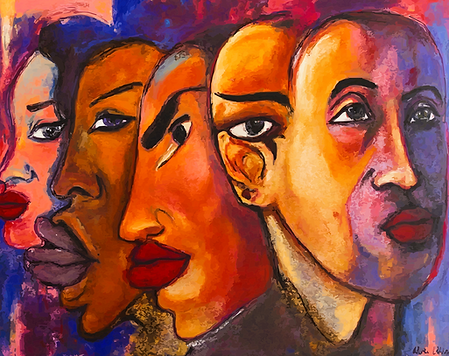 Expressives Bild, das vier Gesichter mit dunkler Hautfarbe zeigt, die sich teilweise überlappen und nach rechts blicken. Die Farbpalette ist lebhaft und warm, dominiert von leuchtendem Orange, Rot und tiefen Purpurtönen, mit kräftigen roten Lippen. Das Bild ist im Stil des Expressionismus gehalten.