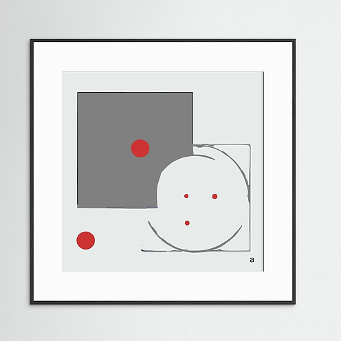 An abstract, minimalist artwork on a light background featuring a dark gray square in the top left, a large white circle in the bottom right, and five prominent red dots of varying sizes. Modern Art. Geometric Art. Concrete Art. Wall Art. Deco Art. Unframed, framed, with or without a mat.