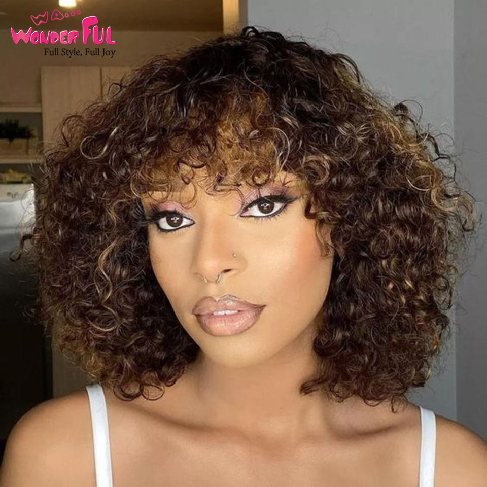 Thumbnail: Brazilian Jerry Curl Human Hair Bob Wigs With Bang For Black Women Wonderful Bla