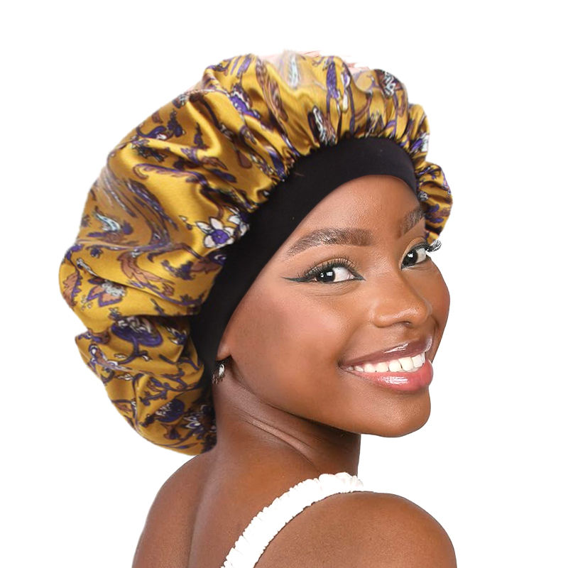 Thumbnail: New Flower Print Satin Bonnets Casual Elastic Hair Bonnet Soft Elastic Band Slee