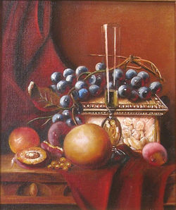Still life with fruit, birds nest..